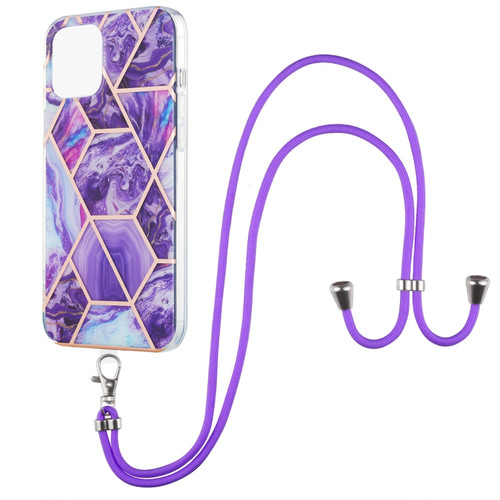 iPhone 13 Pro Electroplating Splicing Marble Pattern Dual-side IMD TPU Shockproof Case with Neck Lanyard - Dark Purple