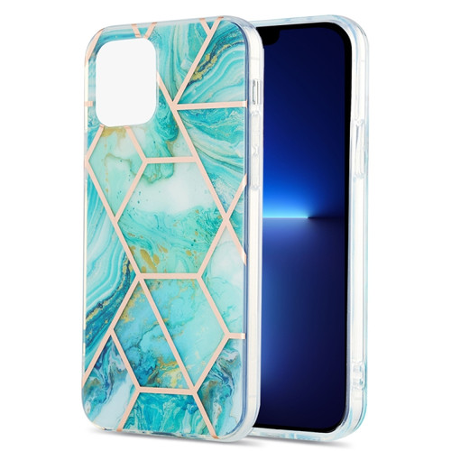 iPhone 13 Pro Electroplating Splicing Marble Flower Pattern Dual-side IMD TPU Shockproof Case - Blue