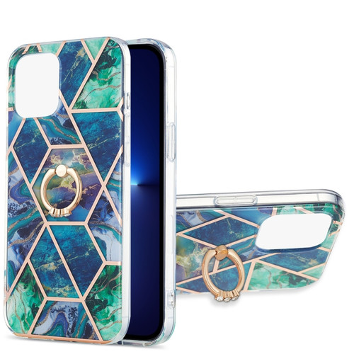 iPhone 13 Pro Electroplating Splicing Marble Pattern Dual-side IMD TPU Shockproof Case with Ring Holder - Blue Green