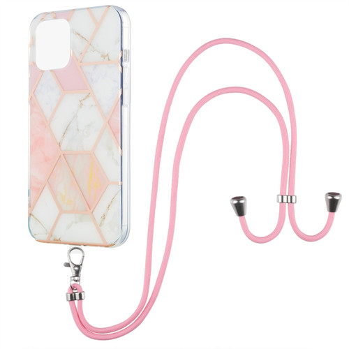 iPhone 13 Pro Electroplating Splicing Marble Pattern Dual-side IMD TPU Shockproof Case with Neck Lanyard - Pink White