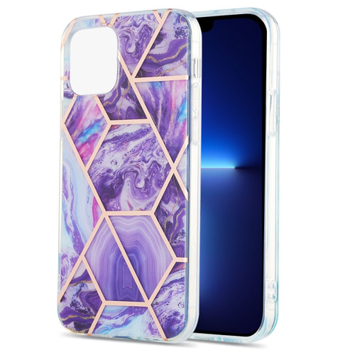 iPhone 13 Pro Electroplating Splicing Marble Flower Pattern Dual-side IMD TPU Shockproof Case - Dark Purple