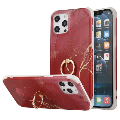 iPhone 13 Pro Four Corners Shocproof Flow Gold Marble IMD Back Cover Case with Metal Rhinestone Ring iPhone 13 Pro - Red