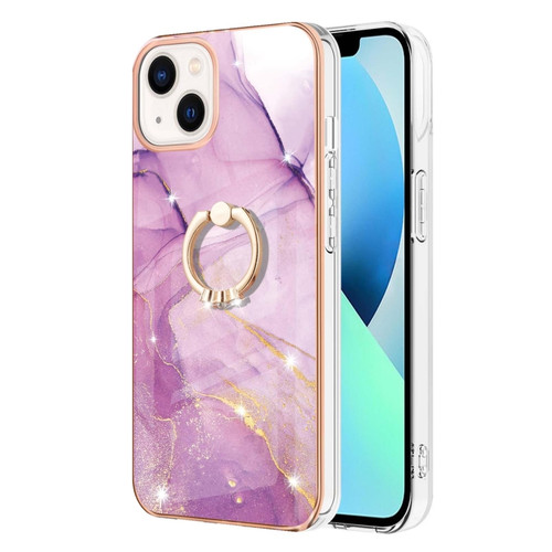 iPhone 14 Electroplating Marble Pattern IMD TPU Shockproof Case with Ring Holder - Purple 001