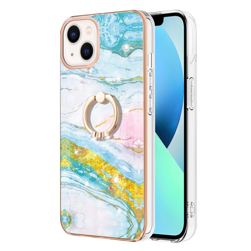 iPhone 14 Electroplating Marble Pattern IMD TPU Shockproof Case with Ring Holder - Green 004