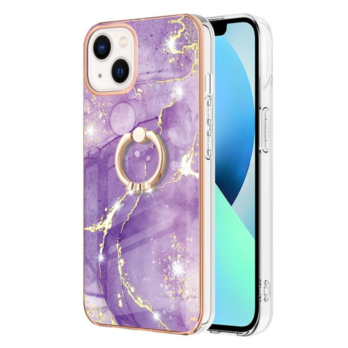 iPhone 14 Electroplating Marble Pattern IMD TPU Shockproof Case with Ring Holder - Purple 002