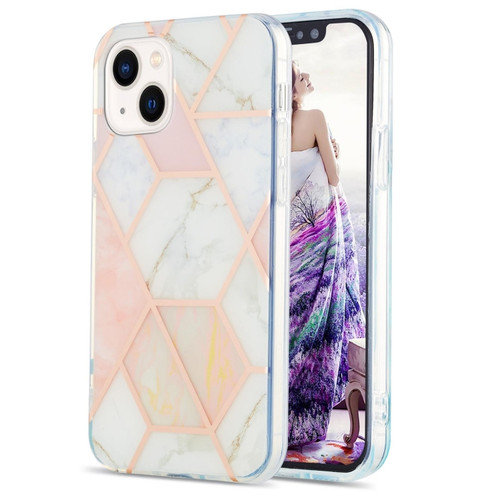 iPhone 14 Electroplating Splicing Marble Flower Pattern Dual-side IMD TPU Shockproof Phone Case - Pink White