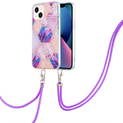 iPhone 14 Electroplating Splicing Marble Pattern Dual-side IMD TPU Shockproof Case with Neck Lanyard - Light Purple