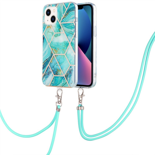 iPhone 14 Electroplating Splicing Marble Pattern Dual-side IMD TPU Shockproof Case with Neck Lanyard - Blue
