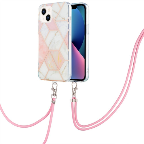 iPhone 14 Electroplating Splicing Marble Pattern Dual-side IMD TPU Shockproof Case with Neck Lanyard - Pink White