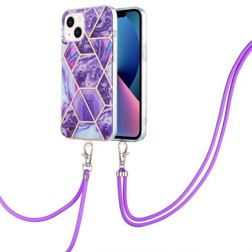 iPhone 14 Electroplating Splicing Marble Pattern Dual-side IMD TPU Shockproof Case with Neck Lanyard - Dark Purple