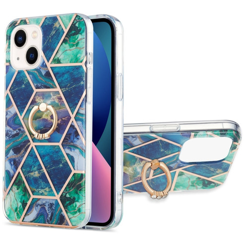 iPhone 14 Electroplating Splicing Marble Pattern Dual-side IMD TPU Shockproof Case with Ring Holder - Blue Green