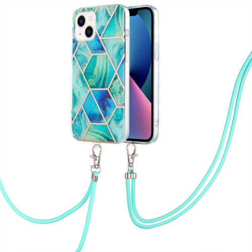 iPhone 14 Electroplating Splicing Marble Pattern Dual-side IMD TPU Shockproof Case with Neck Lanyard - Green