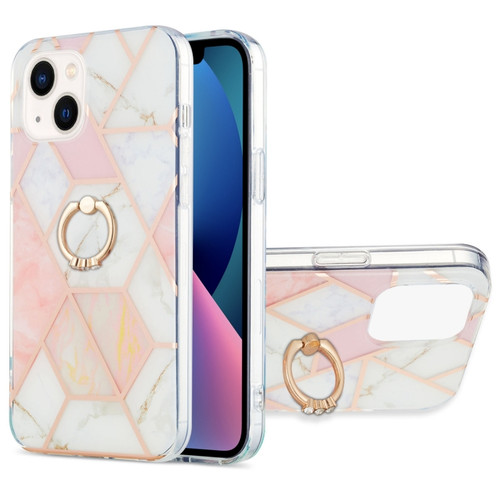 iPhone 14 Electroplating Splicing Marble Pattern Dual-side IMD TPU Shockproof Case with Ring Holder - Pink White