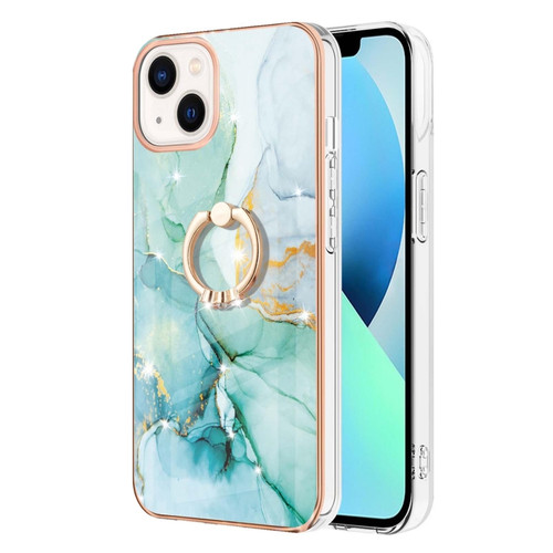 iPhone 14 Plus Electroplating Marble Pattern IMD TPU Shockproof Case with Ring Holder - Green 003