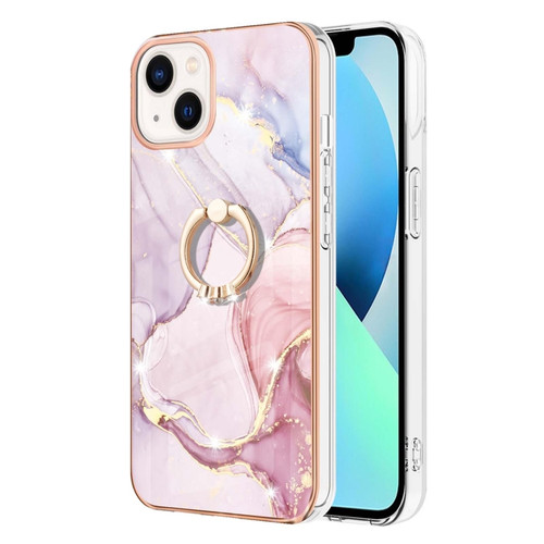 iPhone 14 Plus Electroplating Marble Pattern IMD TPU Shockproof Case with Ring Holder - Rose Gold 005