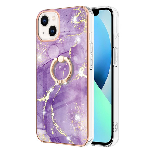 iPhone 14 Plus Electroplating Marble Pattern IMD TPU Shockproof Case with Ring Holder - Purple 002