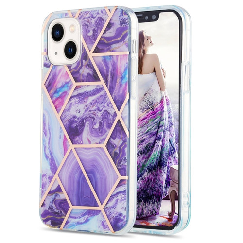 iPhone 14 Plus Electroplating Splicing Marble Flower Pattern Dual-side IMD TPU Shockproof Phone Case - Dark Purple