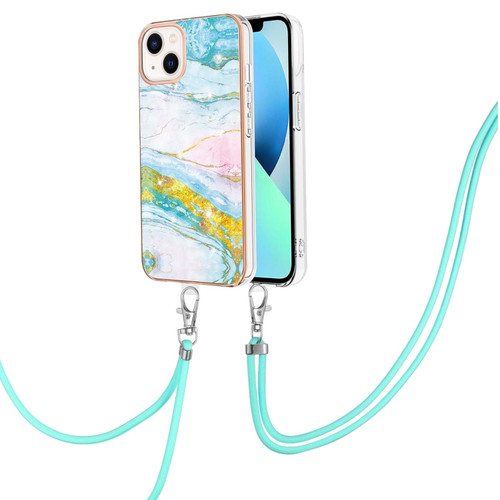 iPhone 14 Plus Electroplating Marble Pattern IMD TPU Shockproof Case with Neck Lanyard - Green 004