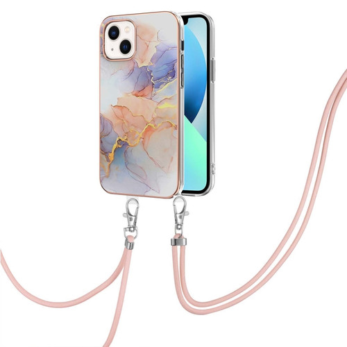 iPhone 14 Plus Electroplating Pattern IMD TPU Shockproof Case with Neck Lanyard - Milky Way White Marble