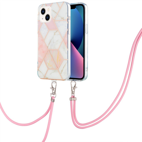 iPhone 14 Plus Electroplating Splicing Marble Pattern Dual-side IMD TPU Shockproof Case with Neck Lanyard - Pink White