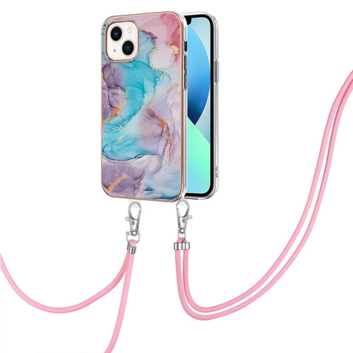 iPhone 14 Plus Electroplating Pattern IMD TPU Shockproof Case with Neck Lanyard - Milky Way Blue Marble