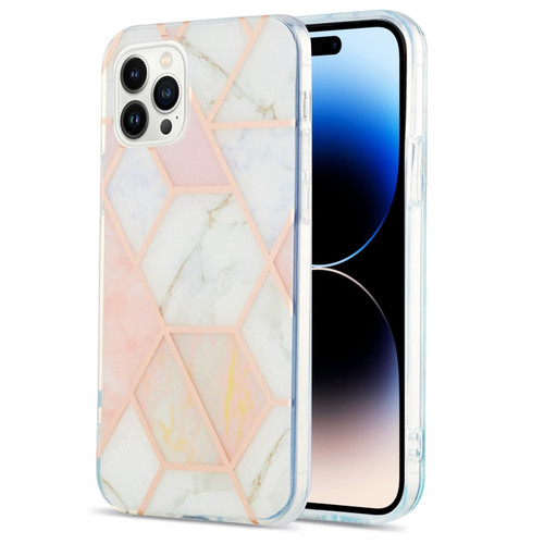 iPhone 14 Pro Electroplating Splicing Marble Flower Pattern Dual-side IMD TPU Shockproof Phone Case - Pink White
