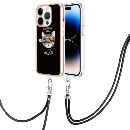 iPhone 14 Pro Electroplating Dual-side IMD Phone Case with Lanyard - Natural Growth