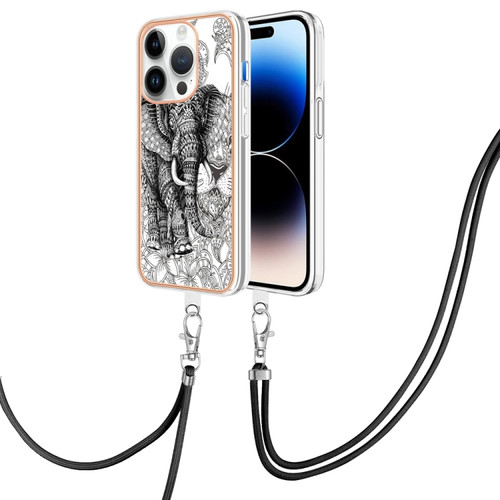 iPhone 14 Pro Electroplating Dual-side IMD Phone Case with Lanyard - Totem Elephant