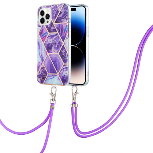 iPhone 14 Pro Electroplating Splicing Marble Pattern Dual-side IMD TPU Shockproof Case with Neck Lanyard - Dark Purple