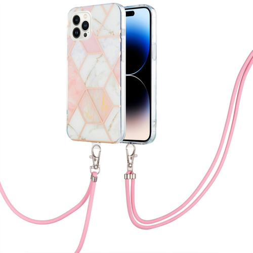 iPhone 14 Pro Electroplating Splicing Marble Pattern Dual-side IMD TPU Shockproof Case with Neck Lanyard - Pink White