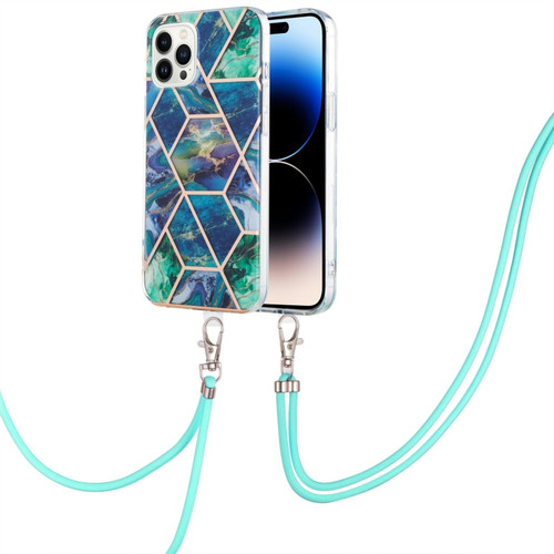 iPhone 14 Pro Electroplating Splicing Marble Pattern Dual-side IMD TPU Shockproof Case with Neck Lanyard - Blue Green