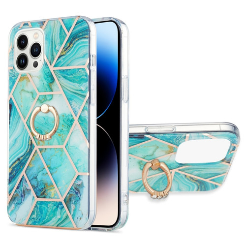 iPhone 14 Pro Electroplating Splicing Marble Pattern Dual-side IMD TPU Shockproof Case with Ring Holder - Blue