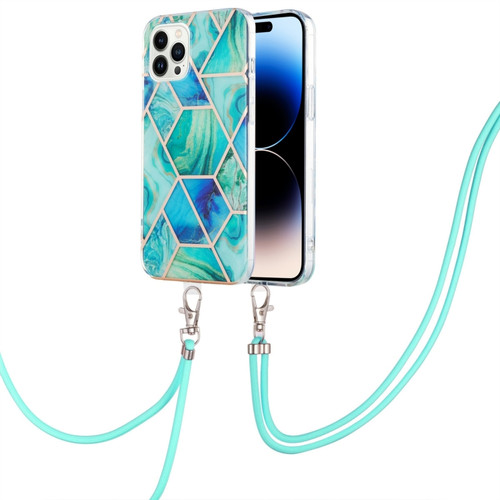 iPhone 14 Pro Electroplating Splicing Marble Pattern Dual-side IMD TPU Shockproof Case with Neck Lanyard - Green