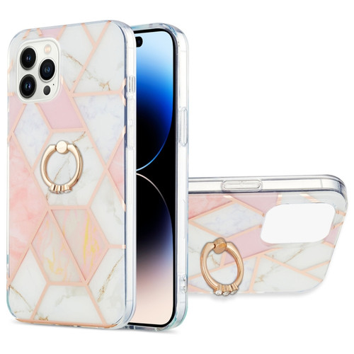 iPhone 14 Pro Electroplating Splicing Marble Pattern Dual-side IMD TPU Shockproof Case with Ring Holder - Pink White