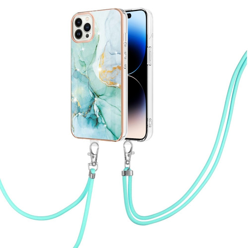 iPhone 14 Pro Electroplating Marble Pattern IMD TPU Shockproof Case with Neck Lanyard - Green 003