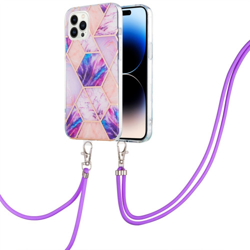iPhone 14 Pro Electroplating Splicing Marble Pattern Dual-side IMD TPU Shockproof Case with Neck Lanyard - Light Purple