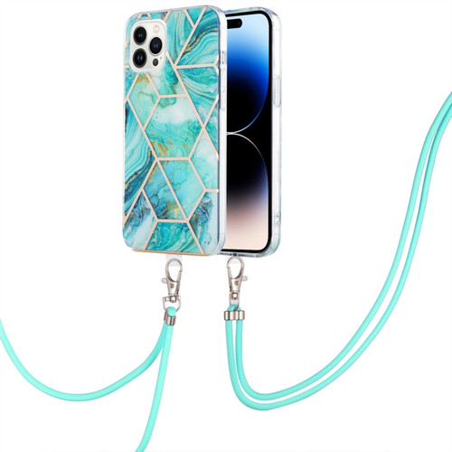 iPhone 14 Pro Electroplating Splicing Marble Pattern Dual-side IMD TPU Shockproof Case with Neck Lanyard - Blue