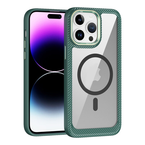 iPhone 15 Pro Max MagSafe Carbon Fiber Transparent Back Panel Phone Case - Green