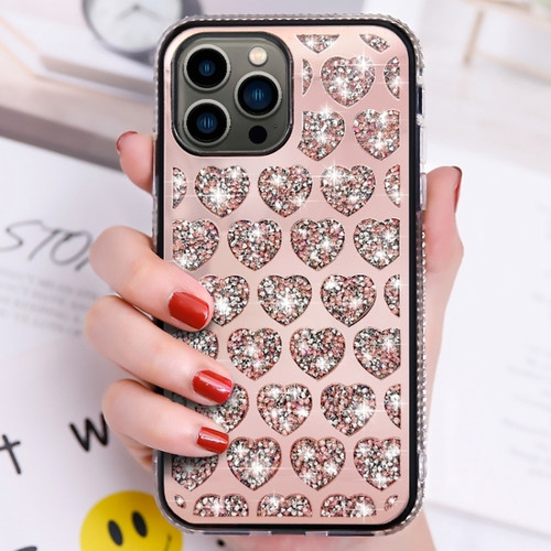 iPhone 15 Pro Max Love Hearts Diamond Mirror TPU Phone Case - Rose Gold