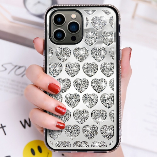 iPhone 15 Pro Max Love Hearts Diamond Mirror TPU Phone Case - Silver
