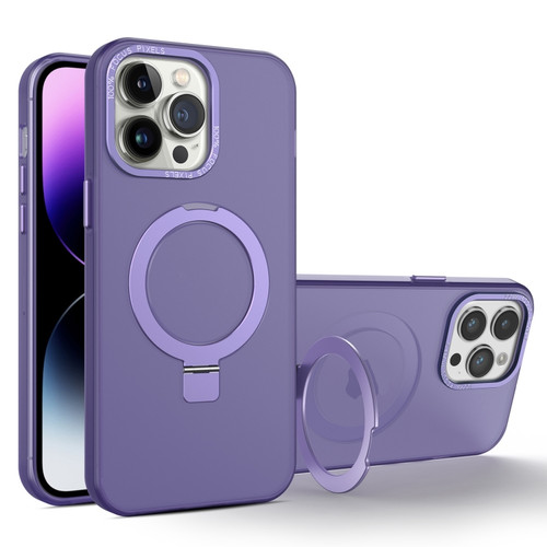 iPhone 15 Pro Max MagSafe Metal Holder Frosted Translucent Phone Case - Dark Purple