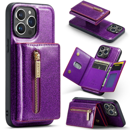 iPhone 15 Pro Max DG.MING M3 Series Glitter Powder Card Bag Leather Phone Case - Dark Purple
