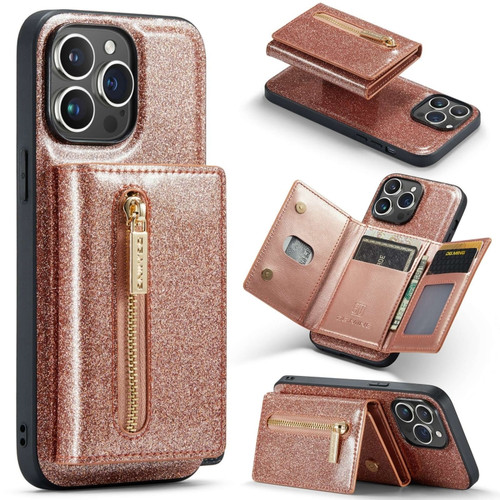 iPhone 15 Pro Max DG.MING M3 Series Glitter Powder Card Bag Leather Phone Case - Rose Gold
