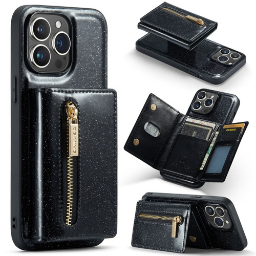 iPhone 15 Pro Max DG.MING M3 Series Glitter Powder Card Bag Leather Phone Case - Black