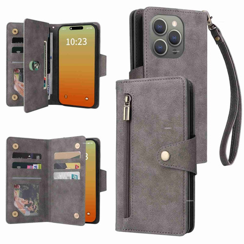 iPhone 15 Pro Max Rivet Buckle 9 Cards Three Fold Leather Phone Case - Grey