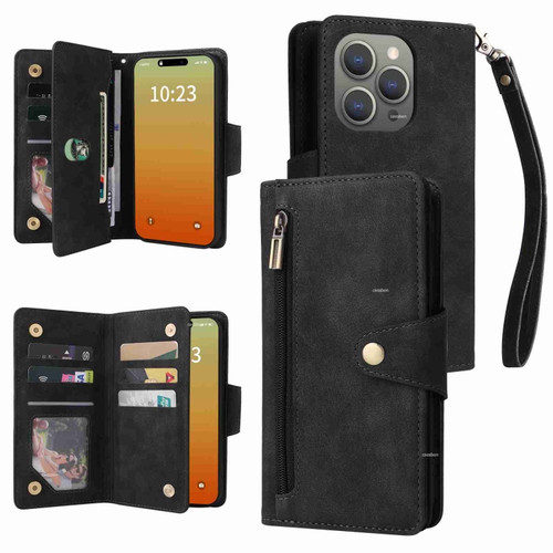 iPhone 15 Pro Max Rivet Buckle 9 Cards Three Fold Leather Phone Case - Black