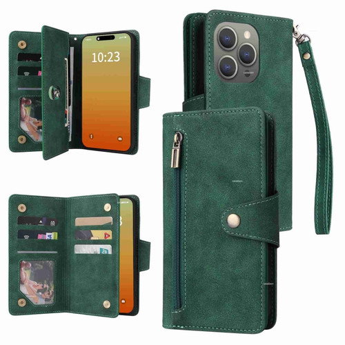 iPhone 15 Pro Max Rivet Buckle 9 Cards Three Fold Leather Phone Case - Green