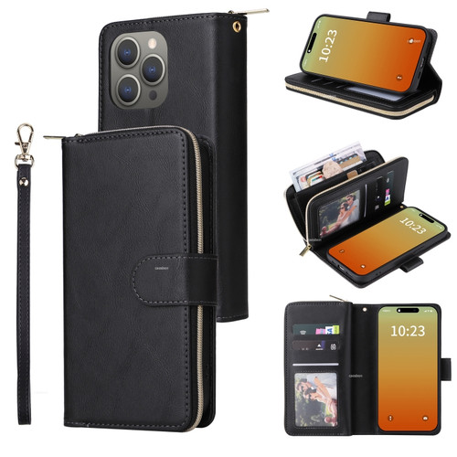 iPhone 15 Pro Max 9 Card Slots Zipper Wallet Bag Leather Phone Case - Black