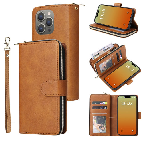 iPhone 15 Pro Max 9 Card Slots Zipper Wallet Bag Leather Phone Case - Brown