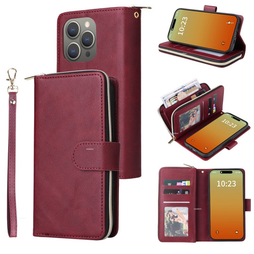 iPhone 15 Pro Max 9 Card Slots Zipper Wallet Bag Leather Phone Case - Wine Red